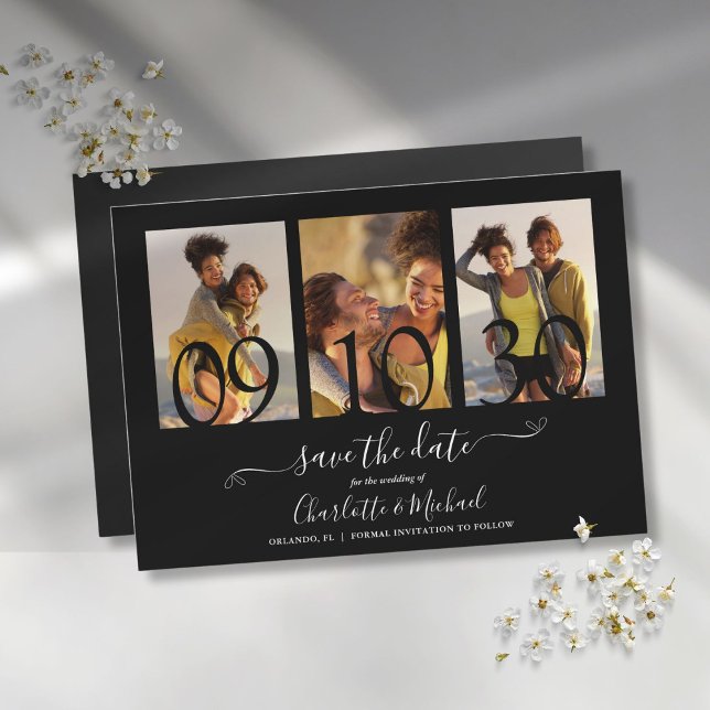 3 Svartvita Bröllopsbilder Spara Datum Magnetisk Inbjudningskort (3 Photo Black And White Wedding Save The Date Magnetic Invitation)