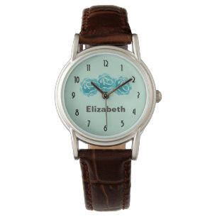 3 Teal Watercolor Ro på Mint Grönt BackDrop Armbandsur