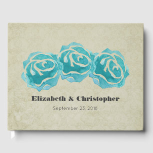 3 Teal Watercolor Ro på Tan Damask-mönster Gästböcker