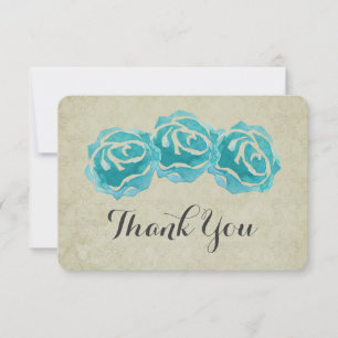 3 Teal Watercolor Ro på Tan Damask Tack Kort