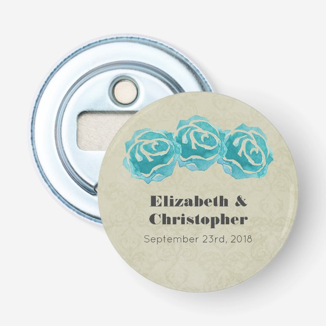 3 Teal Watercolor Ro på Tan Damask Wedding Flasköppnare (Framsidan)