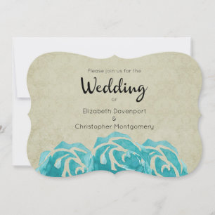 3 Teal Watercolor Ro på Tan Damask Wedding Inbjudningar