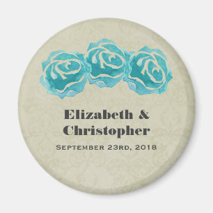 3 Teal Watercolor Ro på Tan Damask Wedding Magnet