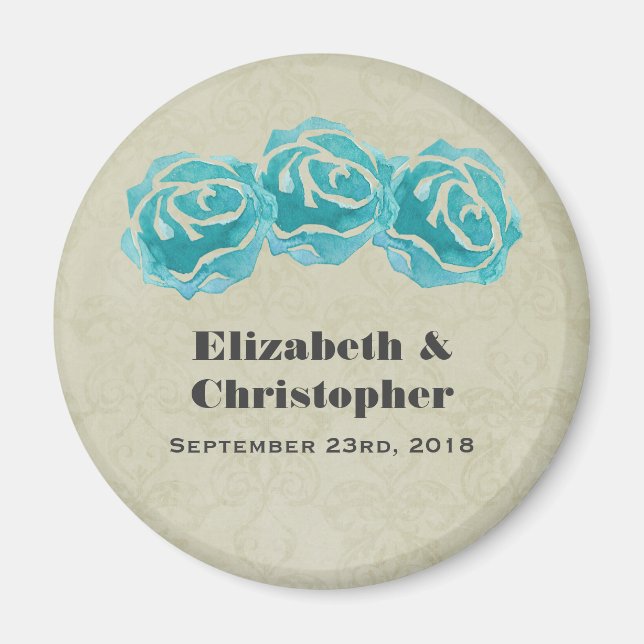 3 Teal Watercolor Ro på Tan Damask Wedding Magnet (Framsidan)