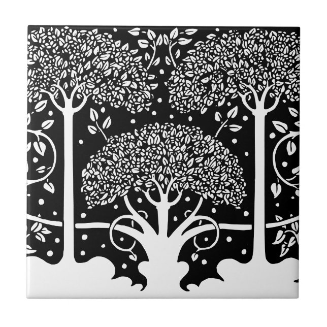 3 Träd Art nouveau Black and White Beardsley Kakelplatta (Framsidan)