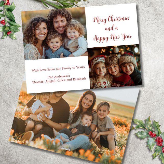 3 Tre Foto Familj Jul Holiday Kort (Three 3 Photo Christmas Holiday Card. Personalize it with your message and names)