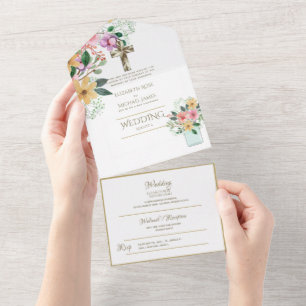 3 tum1 Katolska Bröllopsinbjudningar Blommigt Guld