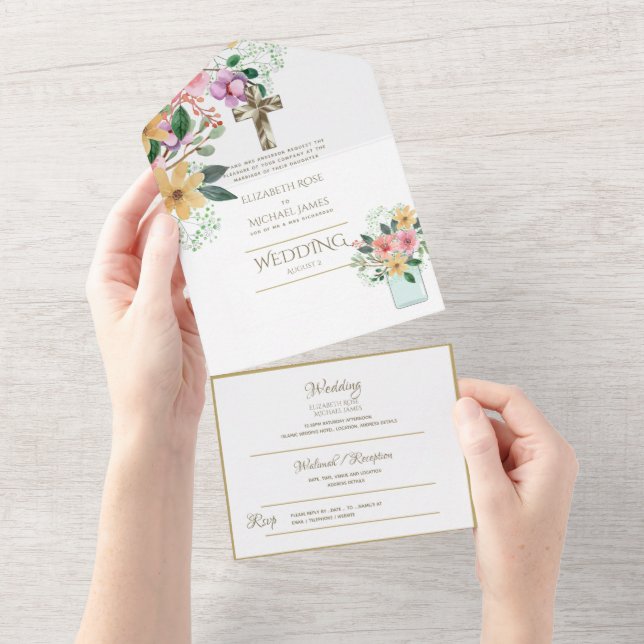 3 tum1 Katolska Bröllopsinbjudningar Blommigt Guld (Avrivbar del)