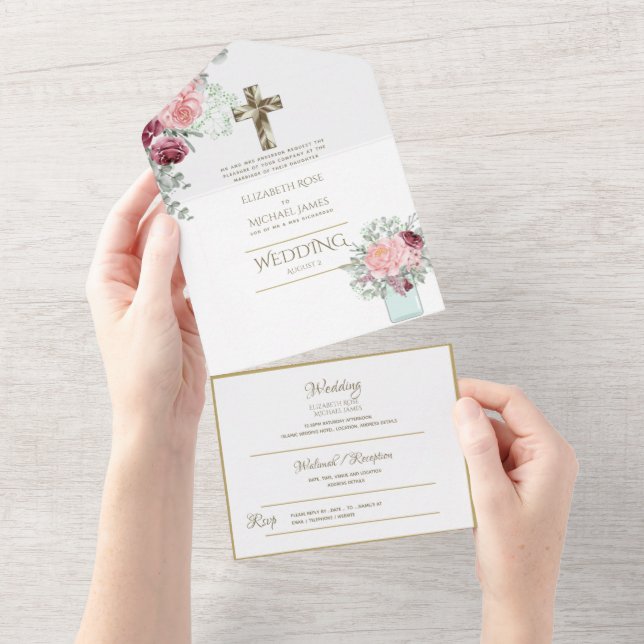 3 tum1 Katolska Bröllopsinbjudningar Blommigt Guld (Avrivbar del)
