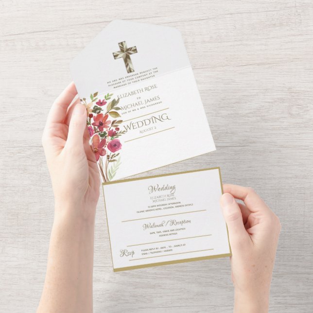 3 tum1 Katolska Bröllopsinbjudningar Blommigt Guld (Avrivbar del)
