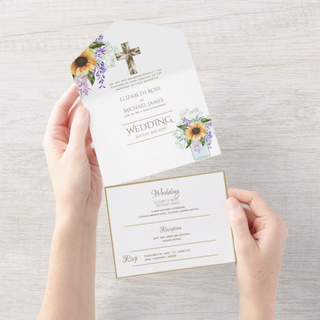 3 tum1 Katolska Bröllopsinbjudningar Blommigt Guld (Avrivbar del)