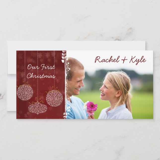 3 utsmyckningar Vårt första jul ditt foto Julkort (Framsida)