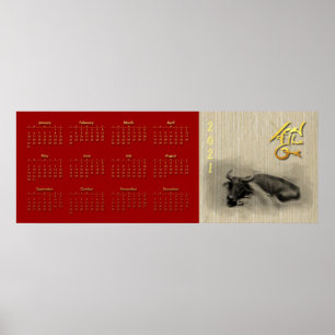 3 Vatten Buffalo kinesisk Ox nyårskalender 46 x 17 Poster