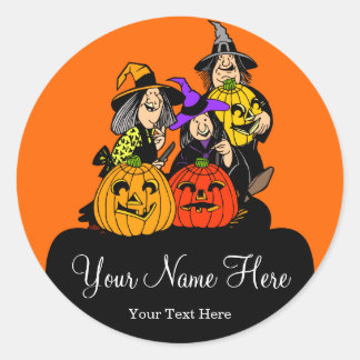 3 Witches and Jack O'Lantern Halloween Runt Klistermärke