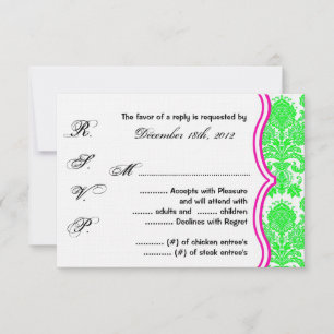 3 x 5 R.S.V.P. Svarskort Neon Grönt Pin Damask Snö OSA Kort