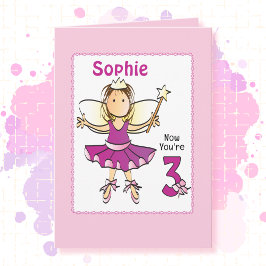 3 Year Old Cute Ballerina Cartoon Pink Birthday   Kort