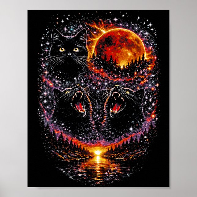 3 ylande svarta katter månblodmåne kosmisk skog poster (Framsidan)