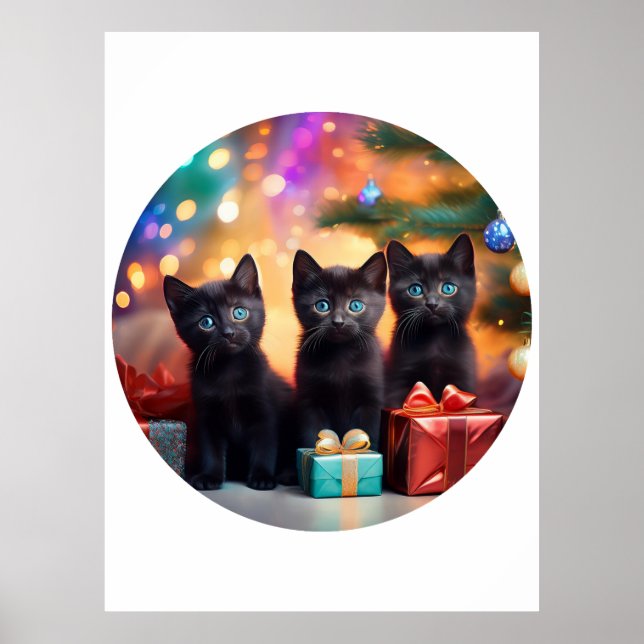 3 Young Blue Eyed Black Kittens julscen Poster (Framsidan)