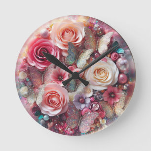 3D Abstrakt Glitter Ro & Butterflies Rund Klocka