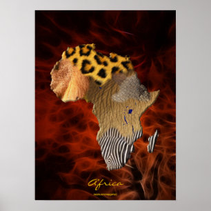 3D AFRICAN Wildlife Karta Red Fractal Art Poster