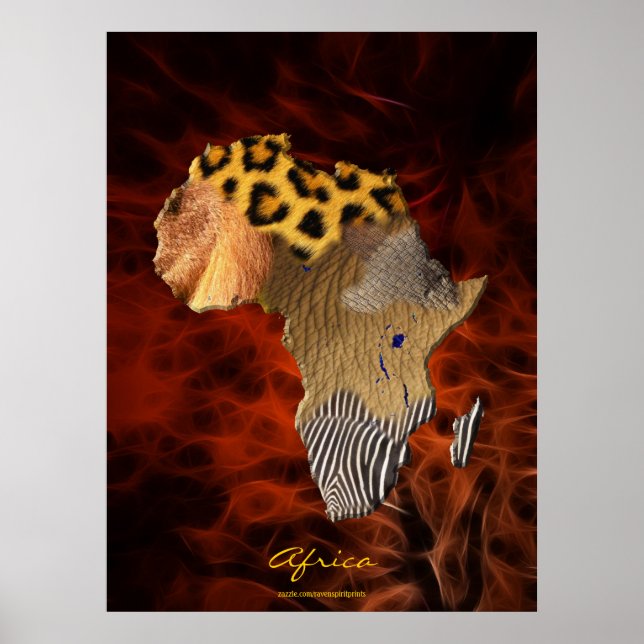 3D AFRICAN Wildlife Karta Red Fractal Art Poster (Framsidan)
