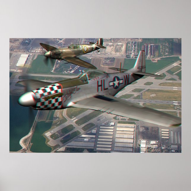 3D Anaglyph of P51 n Spitfire over Airfield Poster (Framsidan)
