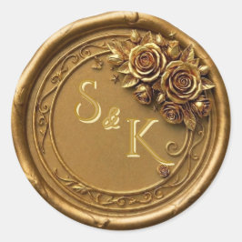 3D Antik Guld Vaxsigill Ros Bröllopsmonogram Klist Runt Klistermärke