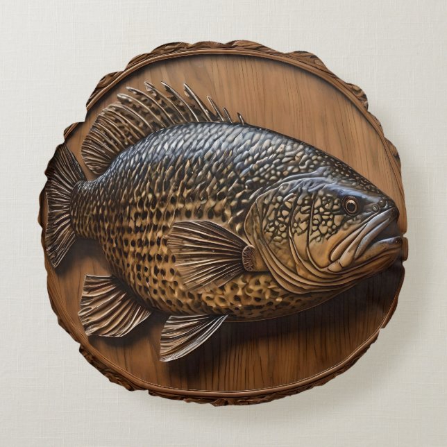 3D Australian Murray Cod Textured Print. Rund Kudde (Framsidan)