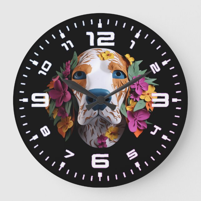 3D-beagle-Blommigt Stor Klocka (Framsida)