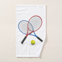 3D blå och röda tennisracketar och boll
