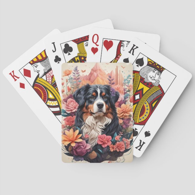 3D Blommigt Fantasy Bernese Mountain Hund Birds Vi Casinokort (Baksidan)
