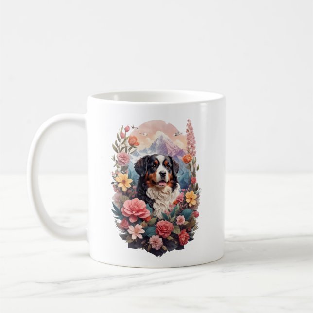 3D Blommigt Fantasy Bernese Mountain Hund Birds Vi Kaffemugg (Vänster)