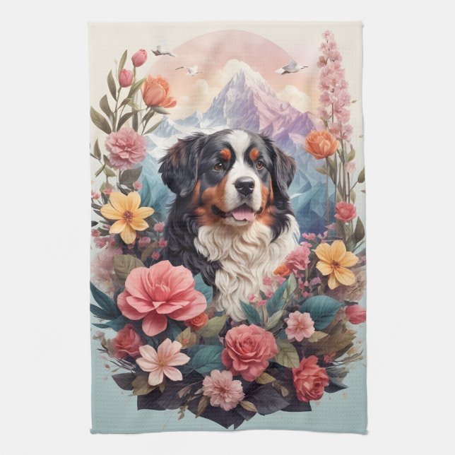 3D Blommigt Fantasy Bernese Mountain Hund Birds Vi Kökshandduk (Vertikal)