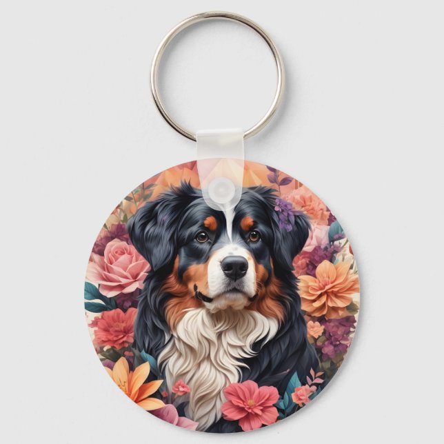 3D Blommigt Fantasy Bernese Mountain Hund Birds Vi Nyckelring (Baksida)