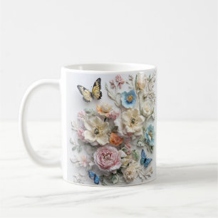 3d-Blommönster med branta fjärilar Kaffemugg