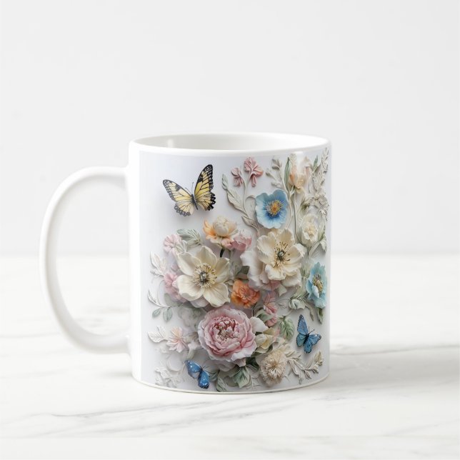 3d-Blommönster med branta fjärilar Kaffemugg (Vänster)