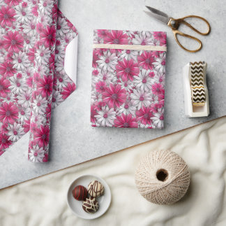 3D-Blommönster med Shock rosa och vita blommor Presentpapper