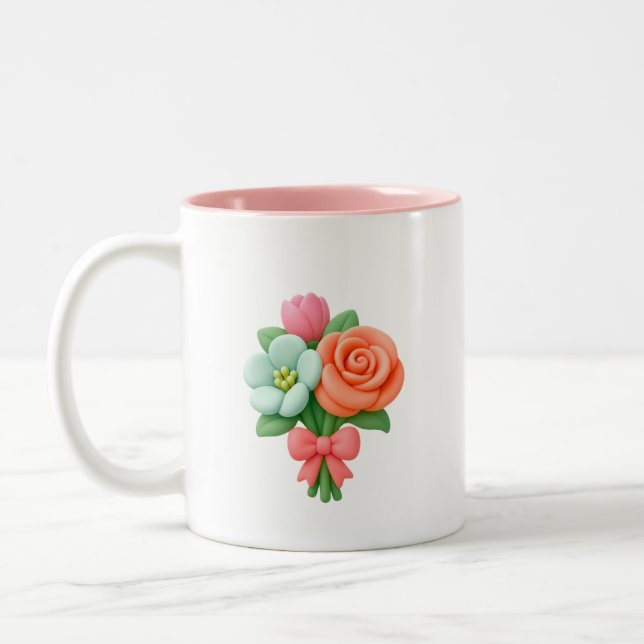 3D blomsterbukettmugg med rosett Två-Tonad Mugg (Vänster)