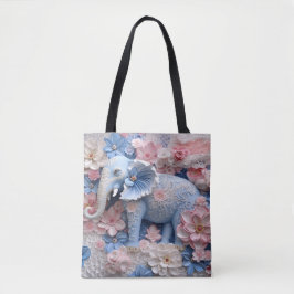 3D Blue Elephant Tote Canvas Bag med blommor Tygkasse
