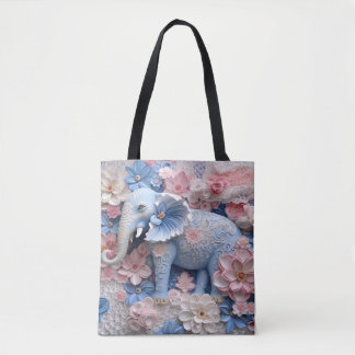 3D Blue Elephant Tote Canvas Bag med blommor Tygkasse