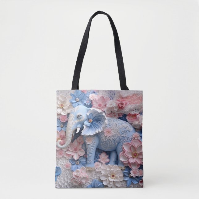3D Blue Elephant Tote Canvas Bag med blommor Tygkasse (Framsida)