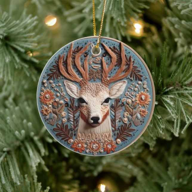 3D-broderad Se Hjort Buck Land liggande Julgransprydnad Keramik (Träd)