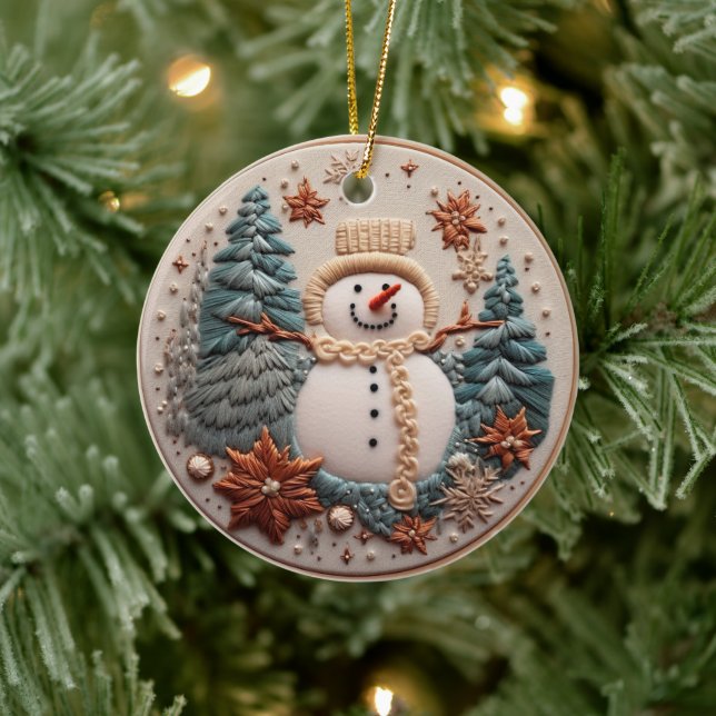 3D-broderad Titta på julvinter i Snögubbe Julgransprydnad Keramik (Träd)