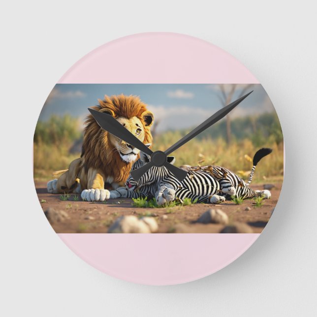 3D Cartoon Lion Eating Zebra – Wild Savannah Scene Rund Klocka (Framsida)