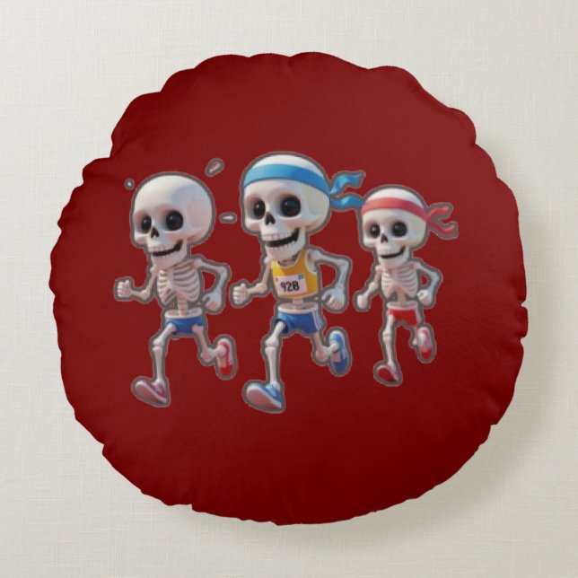 “3D Cartoon Skeleton Race • Funny Running Skeleton Rund Kudde (Framsidan)