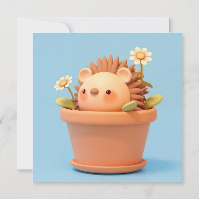 3D Clay Porcupine in Orange Flower Pot Postcard (Framsida)