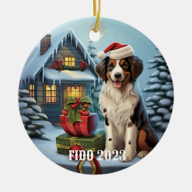 3D Cute Hund i jultomten Julgransprydnad Keramik (Framsidan)