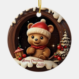 3D Cute Nalle med Santa Hat Julgransprydnad Keramik