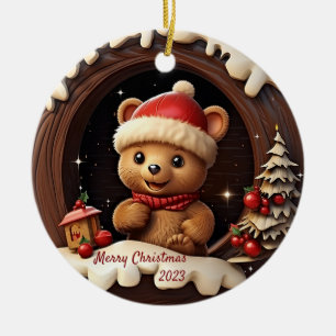 3D Cute Nalle med Santa Hat Julgransprydnad Keramik