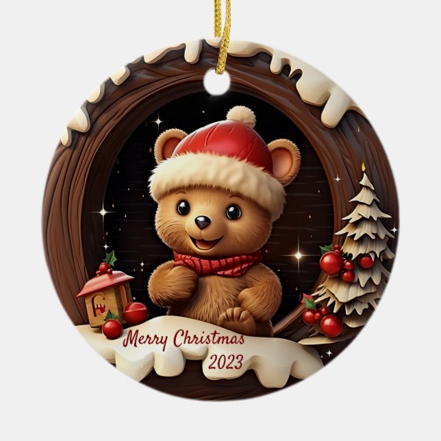 3D Cute Nalle med Santa Hat Julgransprydnad Keramik (Framsidan)